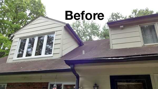 Before the exterior remodel, the rear of the home revealed a roof and gutters in need of replacing.