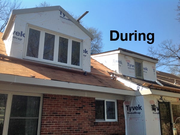 During construction, new windows are installed, and house wrap goes down before the new siding, plus new plywood roof deck before the shingles.